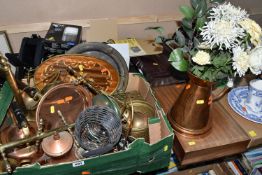 THREE BOXES AND LOOSE MISCELLANEOUS ITEMS, to include a box of mixed metals with copper bed pan,