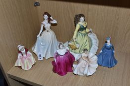 A GROUP OF PORCELAIN FIGURES, comprising a Royal Doulton April HN3693, a Coalport Ladies of
