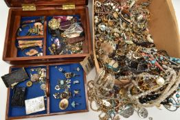 TWO BOXES OF ASSORTED COSTUME JEWELLERY, to include a wooden jewellery box with contents to