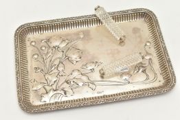 A LATE VICTORIAN SILVER TRAY AND A PAIR OF CUT GLASS CUTLERY RESTS, the rectangular tray depicting