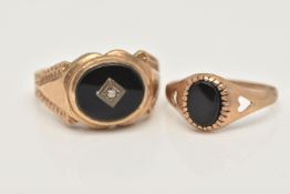 TWO 9CT GOLD SIGNET RINGS, the first a gents oval signet ring set with onyx and cubic zirconia,