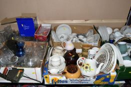 SIX BOXES OF MIXED GLASSWARE AND CERAMICS to include two boxes of mostly clear glassware