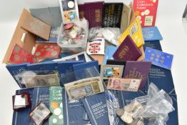 A BOX OF ASSORTED MIXED COINS AND BANKNOTES, to include various year sets x17 1970-1981,