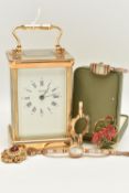 A BOX OF ASSORTED ITEMS, to include a brass carriage clock, signed 'Angelus', service plaque added