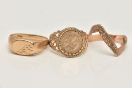 THREE 9CT GOLD RINGS, the first a yellow gold textured wishbone ring, hallmarked 9ct Birmingham,