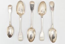 A SET OF FIVE SILVER SPOONS, four fiddle pattern serving spoons and a table spoon, each engraved