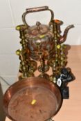 A COLLECTION OF COPPER AND BRASSWARE, comprising an Arts & Crafts hand hammered copper dish with a