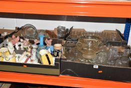 FIVE BOXES AND LOOSE MIXED CERAMIC AND GLASS WARE to include five Wade piggy banks, a decorative