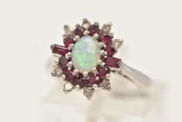 AN 18CT WHITE GOLD OPAL, RUBY AND DIAMOND CLUSTER RING, of an oval form, set with a central oval cut