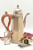 AN ELIZABETH II SILVER COFFEE POT AND OTHER ITEMS, polished faceted octagonal tapered coffee pot,