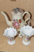 AN EIGHTEENTH CENTURY CREAMWARE COFFEE POT, AND TWO NINETEENTH CENTURY VASES, the baluster form
