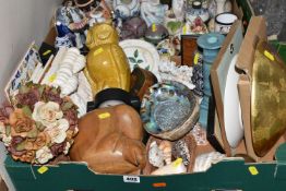 TWO BOXES OF MISCELLANEOUS CERAMICS AND SUNDRIES, to include decorative sea shells, blue studio
