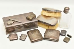 A COLLECTION OF SILVERWEAR AND WHITE METAL ITEMS, to include a wooden cigar box with outer silver