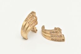 A PAIR OF 9CT GOLD AND DIAMOND EARRINGS, designed as a fan style half hoop, each earring set with