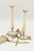 A PAIR OF SILVER POSY VASES AND OTHER ITEMS, tapered stems with wavy rims, on round bases with