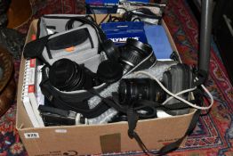 A BOX AND LOOSE CAMERAS, LENSES, AND ACCESSORIES to include a Canon EOS 500D fitted with a Canon