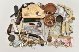 A BOX OF ASSORTED ITEMS, to include two silver medals, hallmarked Birmingham, approximate gross
