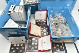 TWO LARGE AND HEAVY PLASTIC TUBS AND A CARDBOARD BOX OF MIXED COINAGE AND UK YEAR PROOF SETS, to