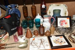 A GROUP OF GLASSWARE AND SUNDRIES, comprising a Mdina glass vase, height 30cm, a German Westerwald