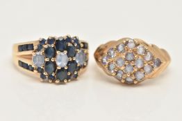 TWO 9CT GOLD GEM SET RINGS, the first of a marquise cluster form, set with circular cut pale