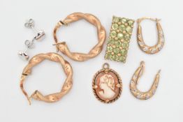 AN ASSORTMENT OF 9CT AND YELLOW METAL JEWELLERY, to include a yellow gold and peridot pendant,