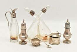 A SELECTON OF SILVERWARE, to include a mid-Victorian glass oil and vinegar bottle with silver