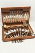 CASED SILVER PLATED CUTLERY, POCKET WATCH ETC., the large hinged wooden box containing a selection