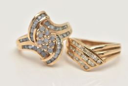 TWO GEM SET RINGS, the first a dress ring designed as a cluster of circular cut blue topaz with a