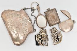 ASSORTED SILVER ITEMS, to include an early 20th century floral and bow detailed coin purse, push