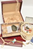 A BOX OF ASSORTED ITEMS, to include a personalised jewellery box, assorted imitation pearl
