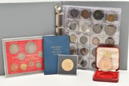 A CARDBOARD BOX CONTAINING AN ALBUM AND LOOSE COINS, to include a hammered King Henry Silver