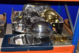 ONE BOX AND LOOSE METALWARE, to include antique silver plated, dome top warming tureen with legs and