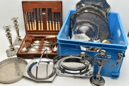 A LARGE BOX OF ASSORTED WHITE METAL AND COMPACTS, to include a selection of trays, candle sticks,