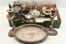 A BOX OF ASSORTED WHITE METAL, to include teapots, tankards, a cigarette box, a trinket box, a tray,