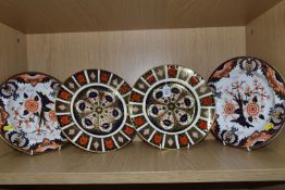 TWO ROYAL CROWN DERBY CABINET PLATES AND TWO SOUP BOWLS, comprising two Imari 1128 pattern plates,