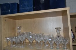 A COLLECTION OF STUART CRYSTAL, mostly Glencoe pattern, comprising a carafe, four goblets, seven
