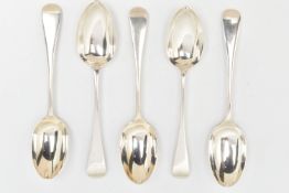 FIVE LATE VICTORIAN TO EARLY 20TH CENTURY SILVER DESSERT SPOONS, to include a pair with hallmarks