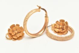 TWO PAIRS OF GOLD EARRINGS, the first a pair of yellow gold hoops with textured detail, fitted