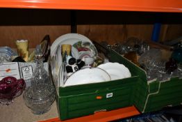 FOUR BOXES AND LOOSE CERAMICS AND GLASSWARE, to include a Chribska pink glass bowl, an amber glass