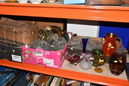 FOUR BOXES AND LOOSE GLASSWARE, to include a large selection of drinks glasses, footed dessert