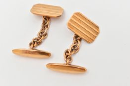 A PAIR OF 9CT GOLD CUFFLINKS, each designed as a canted rectangular panel with banded detail to