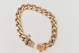 A 9CT GOLD CURB LINK BRACELET, with push piece clasp, figure of eight safety clasp and a safety