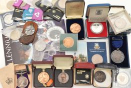 A CARDBOARD BOX OF MIXED COINS COMMEMORATIVES AND MEDALS TO INCLUDE 1891 Victoria Crown Coin,A