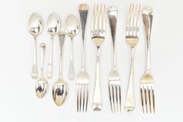 A SELECTION OF SILVER CUTLERY, to include three George III silver teaspoons, hallmarks for London