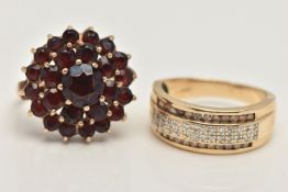 TWO 9CT GOLD GEM SET RINGS, the first a large circular form cluster ring, set with circular cut