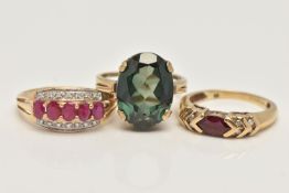 THREE GEM SET RINGS, to include a ruby and diamond ring, hallmarked 9ct Birmingham, ring size R, the