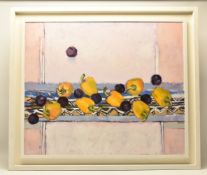 RICHARD JOHN CROFT (BRITISH 1935) PLUMS AND PEPPERS, a still life study of purple plums and yellow