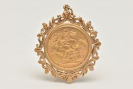 A MOUNTED FULL SOVEREIGN COIN, 1908 Edward VII, depicting George and the Dragon, mounted in a yellow