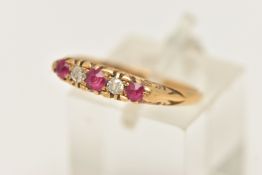 AN EARLY 20TH CENTURY 18CT GOLD RUBY AND DIAMOND RING, designed as three circular cut rubies