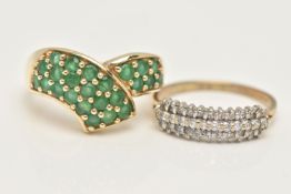 TWO GEM SET RINGS, the first a cross over yellow gold ring pave set with twenty four circular cut